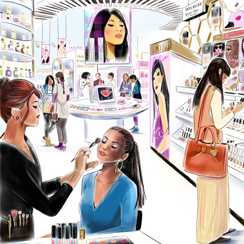 WWD+Beauty+Inc+Beauty+counter+makeup+Illustration+shopping+boutique+Watercolor+Pencil+Color+Editorial+Illustrator+Lucy+Truman