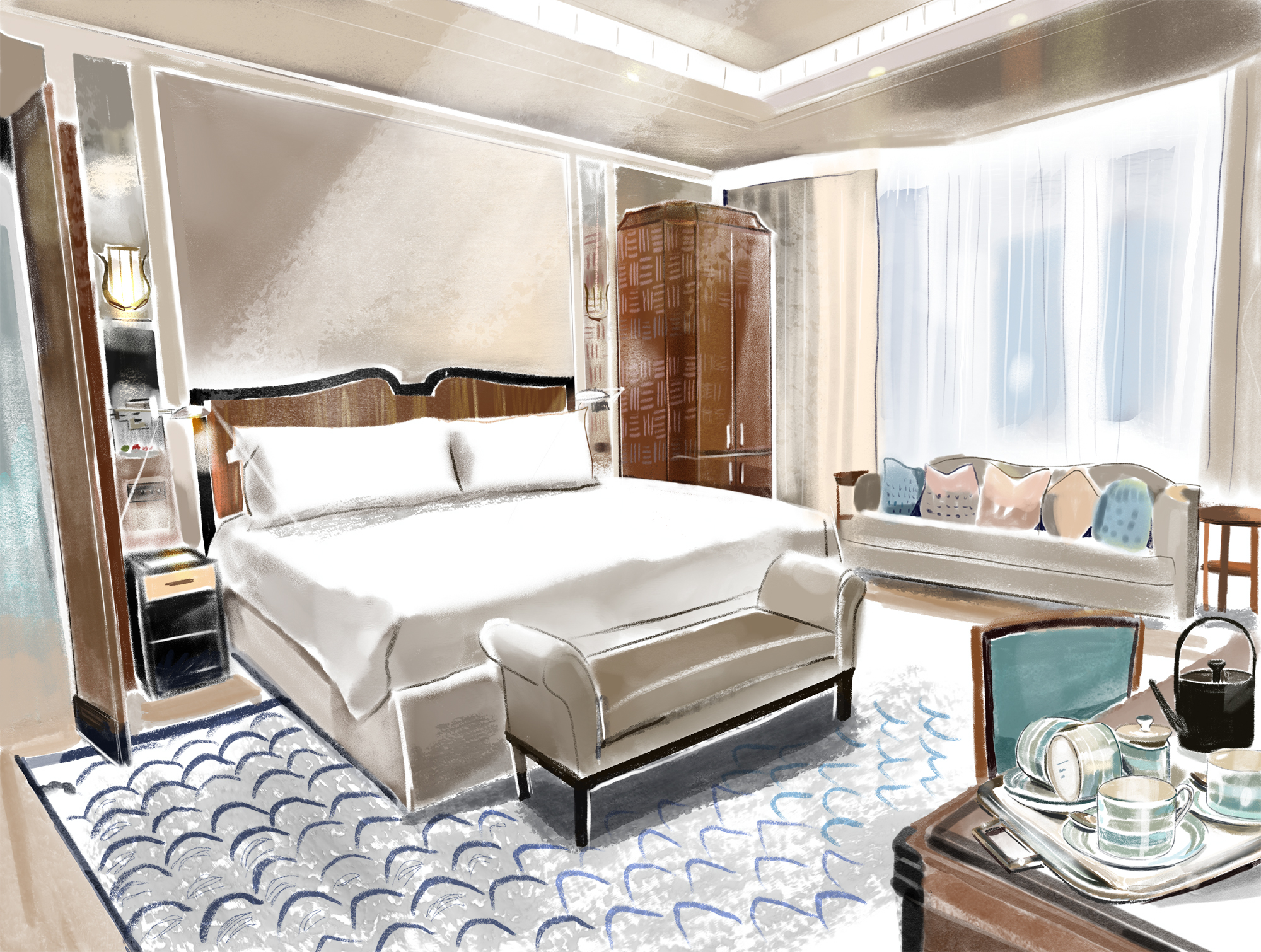 Lucy+Truman+Bedroom+Claridge's+Event+Illustrator+Hospitality+illustration