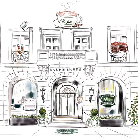 Ralph Lauren Lucy Truman Illustration 888 Mansion, Ralph's Coffee New York black and white line art limited color