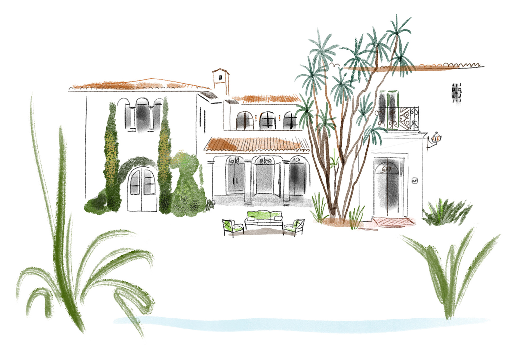 Hospitality+Lucy+Truman+Montecito+Menu+Art+Watercolour+architecture+travel+illustration+watercolor+building+exterior