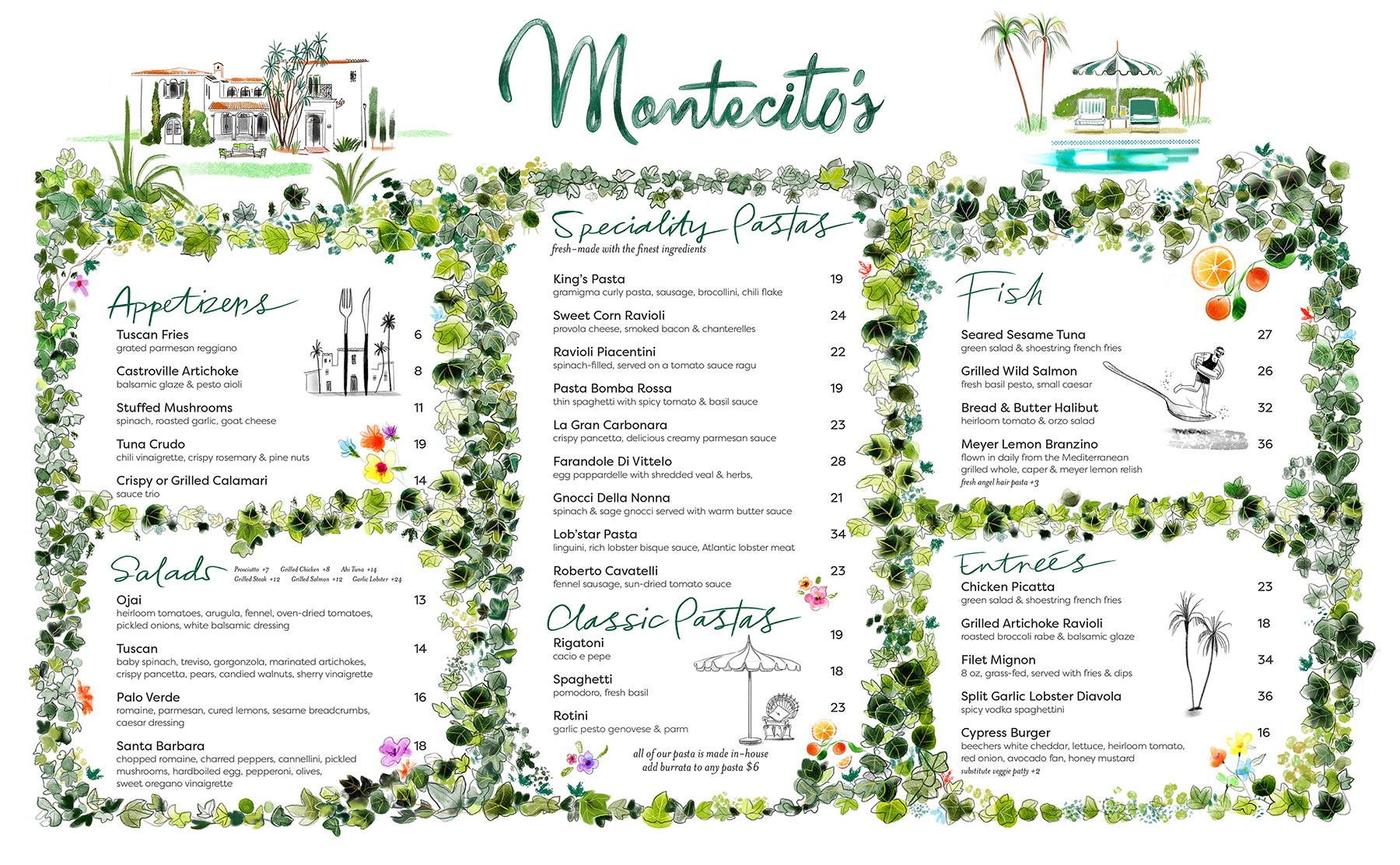 Food+Hospitality+Lucy+Truman+Montecito+Menu+Illustration+watercolor+watercolour+decorative+menu+recipe+book+california